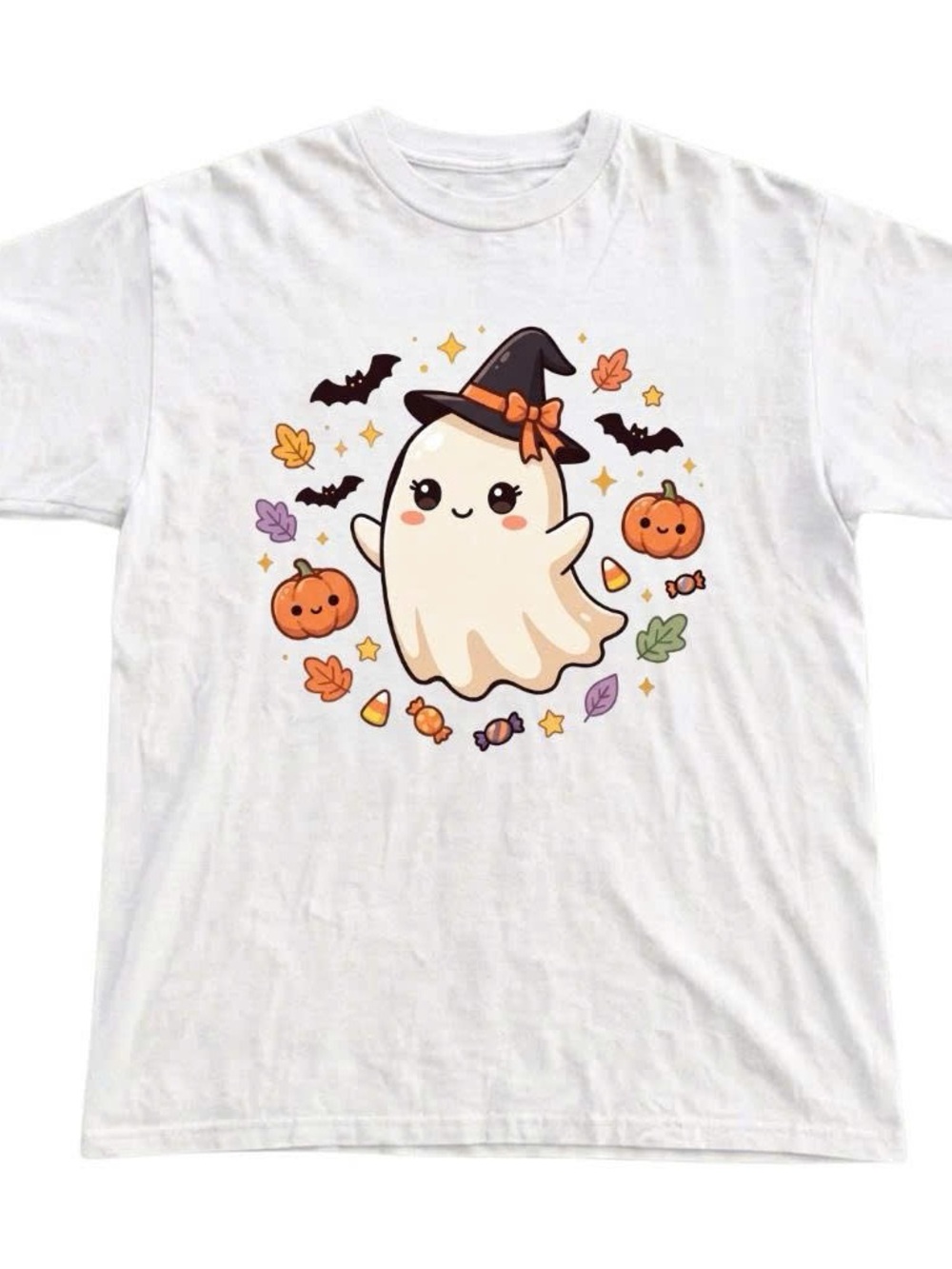 Gildan White Halloween Ghost Tee with Witch Hat and Pumpkins